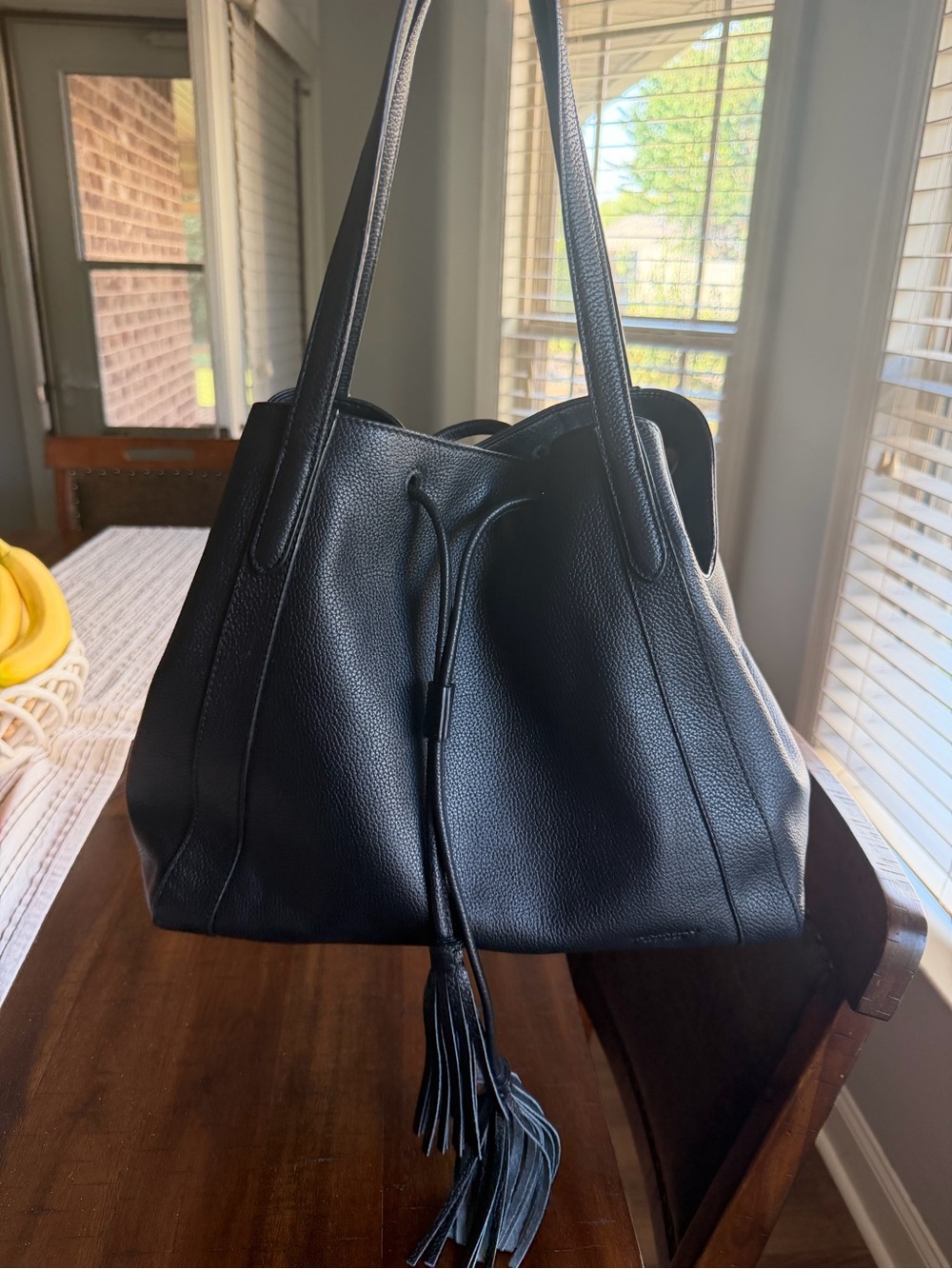 Tignanello Black Pebbled Leather Slouchy Tote Shoulder Bag w/Tassel